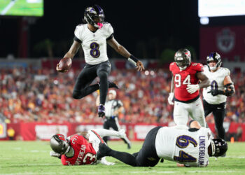 Lamar Jackson tied his own Ravens record with five touchdown passes on Monday. (Nathan Ray Seebeck-Imagn Images)