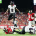 Lamar Jackson tied his own Ravens record with five touchdown passes on Monday. (Nathan Ray Seebeck-Imagn Images)