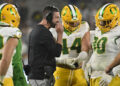 Oregon Ducks head coach Dan Lanning is all smiles during the fourth quarter against the UCLA Bruins at Rose Bowl. Mandatory Credit: Robert Hanashiro-Imagn Images