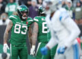 EAST RUTHERFORD, NEW JERSEY - DECEMBER 18: Tyler Conklin #83 of the New York Jets looks on against the Detroit Lions at MetLife Stadium on December 18, 2022 in East Rutherford, New Jersey. credits: by Sarah Stier | source: Getty Images