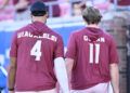 Sep 28, 2024; Dallas, Texas, USA; Florida State Seminoles quarterback DJ Uiagalelei (4) and quarterback Brock Glenn (11) before the game between the Southern Methodist Mustangs and the Florida State Seminoles at Gerald J. Ford Stadium. Mandatory Credit: Jerome Miron-Imagn Images