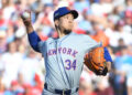 Oct 5, 2024; Philadelphia, PA, USA; New York Mets pitcher Kodai Senga (34) throws a pitch against the Philadelphia Phillies in the first inning in game one of the NLDS for the 2024 MLB Playoffs at Citizens Bank Park. Mandatory Credit: Eric Hartline-Imagn Images