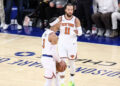 New York, New York, USA; New York Knicks guard Josh Hart (3) celebrates with guard Jalen Brunson (11) in the fourth quarter against the Philadelphia 76ers in game one of the first round for the 2024 NBA playoffs at Madison Square Garden. Mandatory Credit: Wendell Cruz-Imagn Images