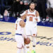 New York, New York, USA; New York Knicks guard Josh Hart (3) celebrates with guard Jalen Brunson (11) in the fourth quarter against the Philadelphia 76ers in game one of the first round for the 2024 NBA playoffs at Madison Square Garden. Mandatory Credit: Wendell Cruz-Imagn Images