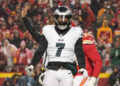 Nov 20, 2023; Kansas City, Missouri, USA; Philadelphia Eagles linebacker Haason Reddick (7) celebrates after a sack against the Kansas City Chiefs during the game at GEHA Field at Arrowhead Stadium. Mandatory Credit: Denny Medley-Imagn Images