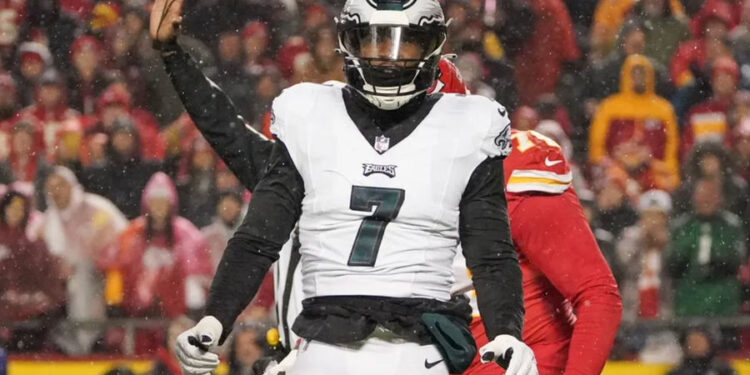 Nov 20, 2023; Kansas City, Missouri, USA; Philadelphia Eagles linebacker Haason Reddick (7) celebrates after a sack against the Kansas City Chiefs during the game at GEHA Field at Arrowhead Stadium. Mandatory Credit: Denny Medley-Imagn Images