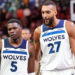 Apr 26, 2024; Phoenix, Arizona, USA; Minnesota Timberwolves guard Anthony Edwards (5) and Minnesota Timberwolves center Rudy Gobert (27) talk during the first half of game three of the first round for the 2024 NBA playoffs against the Phoenix Suns at Footprint Center. credits: Joe Camporeale-USA TODAY Sports