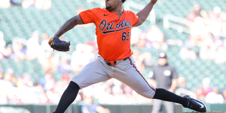 Sep 29, 2024; Minneapolis, Minnesota, USA; Baltimore Orioles relief pitcher Gregory Soto (65) delivers a pitch against the Minnesota Twins during the seventh inning at Target Field. Mandatory Credit: Matt Krohn-Imagn Images