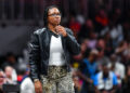 ATLANTA, GA  JUNE 21:  Atlanta head coach Tanisha Wright reacts during the WNBA game between the Indiana Fever and the Atlanta Dream on June 21st, 2024 at State Farm Arena in Atlanta, GA. (Photo by Rich von Biberstein/Icon Sportswire via Getty Images)