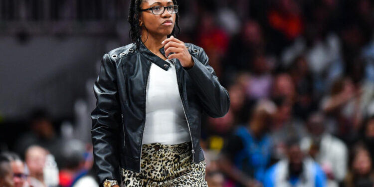 ATLANTA, GA  JUNE 21:  Atlanta head coach Tanisha Wright reacts during the WNBA game between the Indiana Fever and the Atlanta Dream on June 21st, 2024 at State Farm Arena in Atlanta, GA. (Photo by Rich von Biberstein/Icon Sportswire via Getty Images)