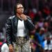 ATLANTA, GA  JUNE 21:  Atlanta head coach Tanisha Wright reacts during the WNBA game between the Indiana Fever and the Atlanta Dream on June 21st, 2024 at State Farm Arena in Atlanta, GA. (Photo by Rich von Biberstein/Icon Sportswire via Getty Images)