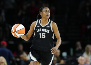 LAS VEGAS, NEVADA - SEPTEMBER 19: Tiffany Hayes #15 of the Las Vegas Aces brings the ball up court in the first quarter against the Dallas Wings at Michelob ULTRA Arena on September 19, 2024 in Las Vegas, Nevada. NOTE TO USER: User expressly acknowledges and agrees that, by downloading and or using this photograph, User is consenting to the terms and conditions of the Getty Images License Agreement. (Photo by Louis Grasse/Getty Images)