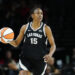 LAS VEGAS, NEVADA - SEPTEMBER 19: Tiffany Hayes #15 of the Las Vegas Aces brings the ball up court in the first quarter against the Dallas Wings at Michelob ULTRA Arena on September 19, 2024 in Las Vegas, Nevada. NOTE TO USER: User expressly acknowledges and agrees that, by downloading and or using this photograph, User is consenting to the terms and conditions of the Getty Images License Agreement. (Photo by Louis Grasse/Getty Images)