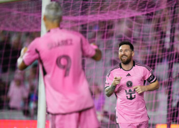 Oct 19, 2024; Fort Lauderdale, Florida, USA;  Inter Miami CF forward Lionel Messi (10) celebrates scoring during the second half against the New England Revolutionat Chase Stadium. Mandatory Credit: Rich Storry-Imagn Images