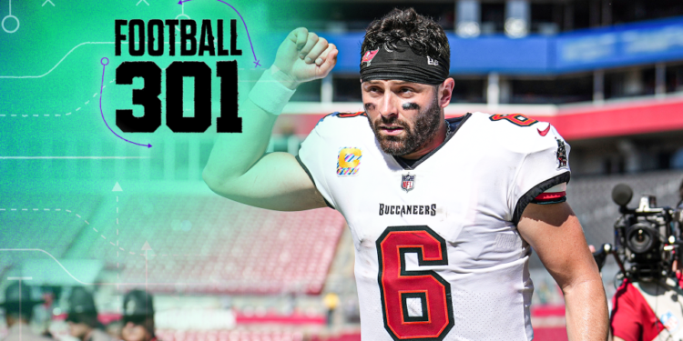 Tampa Bay Buccaneers quarterback Baker Mayfield (6) gives a fist pump to fans following an NFL football game against the Philadelphia Eagles, Sunday, Sept. 29, 2024, in Tampa, Fla. (AP Photo/Peter Joneleit)