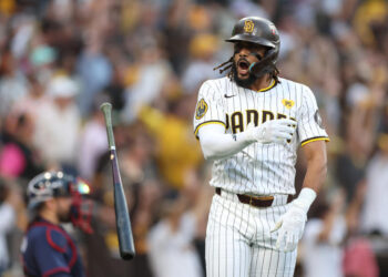 Padres star Fernando Tatis Jr. celebrates after hitting a two-run home run. (Sean M. Haffey/Getty Images)