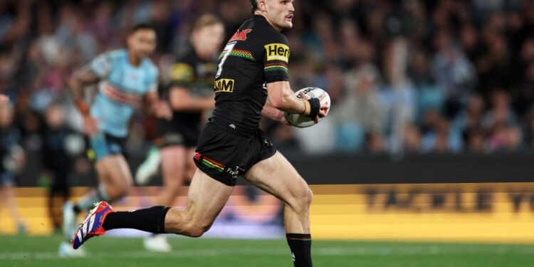 SYDNEY, AUSTRALIA - SEPTEMBER 28:  Nathan Cleary of the Panthers makes a break during the NRL Preliminary Final match between the Penrith Panthers and the Cronulla Sharks at Accor Stadium on September 28, 2024 in Sydney, Australia. (Photo by Matt King/Getty Images)