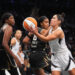 Sep 29, 2024; Brooklyn, New York, USA; Las Vegas Aces guard Kelsey Plum (10) shoots a layup against the New York Liberty during game one of the 2024 WNBA Semi-finals at Barclays Center. Mandatory Credit: Gregory Fisher-Imagn Images