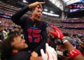 <span>Ka'imi Fairbairn celebrates after his 59-yard field goal decided the Texans’ victory over the Bills.</span><span>Photograph: Alex Slitz/Getty Images</span>