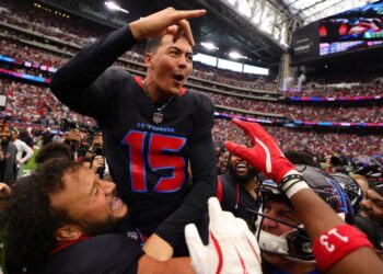 <span>Ka'imi Fairbairn celebrates after his 59-yard field goal decided the Texans’ victory over the Bills.</span><span>Photograph: Alex Slitz/Getty Images</span>