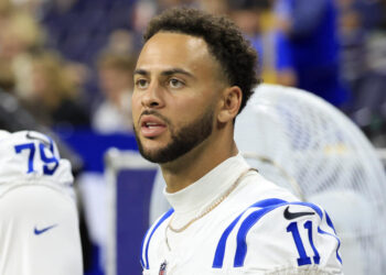 INDIANAPOLIS, INDIANA - AUGUST 17: Michael Pittman Jr. #11 of the Indianapolis Colts looks on from the sidelines against the Arizona Cardinals at Lucas Oil Stadium on August 17, 2024 in Indianapolis, Indiana. (Photo by Justin Casterline/Getty Images)