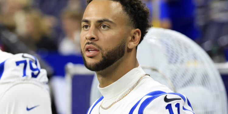 INDIANAPOLIS, INDIANA - AUGUST 17: Michael Pittman Jr. #11 of the Indianapolis Colts looks on from the sidelines against the Arizona Cardinals at Lucas Oil Stadium on August 17, 2024 in Indianapolis, Indiana. (Photo by Justin Casterline/Getty Images)