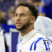 INDIANAPOLIS, INDIANA - AUGUST 17: Michael Pittman Jr. #11 of the Indianapolis Colts looks on from the sidelines against the Arizona Cardinals at Lucas Oil Stadium on August 17, 2024 in Indianapolis, Indiana. (Photo by Justin Casterline/Getty Images)