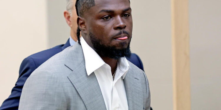 Quincy, MA - October 7:  New England Patriots safety Jabrill Peppers leaves his arraignment at Quincy District Court after being arrested Saturday morning in Braintree, charged with assault and battery, assault and battery with a dangerous weapon, strangulation, and possession of a class B substance.  (Photo by Matt Stone/MediaNews Group/Boston Herald via Getty Images)