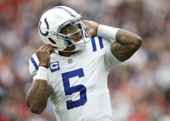 HOUSTON, TEXAS - OCTOBER 27: Anthony Richardson #5 of the Indianapolis Colts reacts during the first quarter against the Houston Texans at NRG Stadium on October 27, 2024 in Houston, Texas. (Photo by Tim Warner/Getty Images)