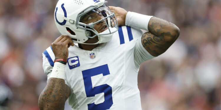 HOUSTON, TEXAS - OCTOBER 27: Anthony Richardson #5 of the Indianapolis Colts reacts during the first quarter against the Houston Texans at NRG Stadium on October 27, 2024 in Houston, Texas. (Photo by Tim Warner/Getty Images)