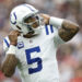 HOUSTON, TEXAS - OCTOBER 27: Anthony Richardson #5 of the Indianapolis Colts reacts during the first quarter against the Houston Texans at NRG Stadium on October 27, 2024 in Houston, Texas. (Photo by Tim Warner/Getty Images)