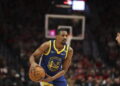 Golden State Warriors guard De'Anthony Melton (8) plays during an NBA basketball game against the Portland Trail Blazers Wednesday, Oct. 23, 2024, in Portland, Ore. The Golden State Warriors won 139-104. (AP Photo/Amanda Loman)