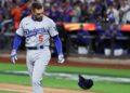 NEW YORK, NEW YORK - OCTOBER 18: Freddie Freeman #5 of the Los Angeles Dodgers tosses his helmet.