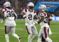 Oct 20, 2024; London, United Kingdom; New England Patriots wide receiver K.J. Osborn (2) reacts in the first half during an NFL International Series game at Wembley Stadium. Mandatory Credit: Peter van den Berg-Imagn Images