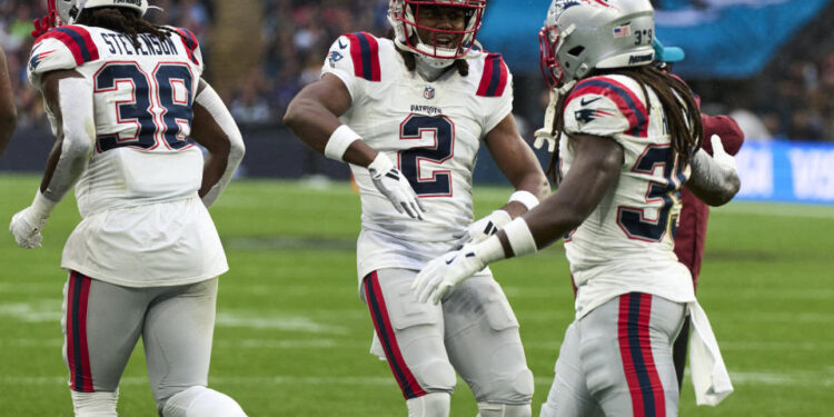 Oct 20, 2024; London, United Kingdom; New England Patriots wide receiver K.J. Osborn (2) reacts in the first half during an NFL International Series game at Wembley Stadium. Mandatory Credit: Peter van den Berg-Imagn Images