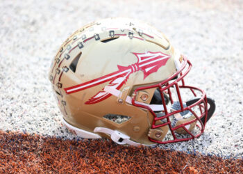 MOBILE, AL - FEBRUARY 01: A general view of a Florida State Seminoles helmet during the American team practice for the Reese's Senior Bowl on February 1, 2024 at Hancock Whitney Stadium in Mobile, Alabama.  (Photo by Michael Wade/Icon Sportswire via Getty Images)