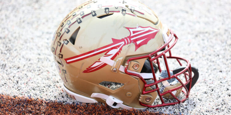 MOBILE, AL - FEBRUARY 01: A general view of a Florida State Seminoles helmet during the American team practice for the Reese's Senior Bowl on February 1, 2024 at Hancock Whitney Stadium in Mobile, Alabama.  (Photo by Michael Wade/Icon Sportswire via Getty Images)