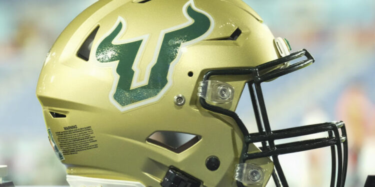 BOCA RATON, FL - DECEMBER 21: South Florida Bulls helmet rests near the sidelines during the RoomClaim.com Boca Raton Bowl game between the Syracuse Orange and the South Florida (USF) Bulls (Photo by Peter Joneleit/Icon Sportswire via Getty Images)