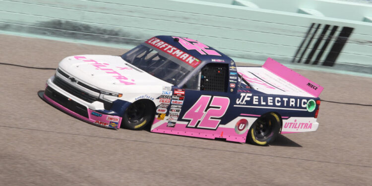 HOMESTEAD, FL - OCTOBER 26: Matt Mills (#42 Niece Motorsports Utilitra/J.F. Electric Chevrolet) during the NASCAR Craftsman Truck Series Baptist Health 200 on October 26, 2024, at Homestead-Miami Speedway in Homestead, FL. (Photo by Malcolm Hope/Icon Sportswire via Getty Images)