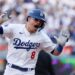 Kiké Hernández celebrates after hitting a solo home run in the Dodgers' 2-0 win over the San Diego Padres.