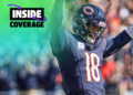 CHICAGO, IL - OCTOBER 06: Chicago Bears quarterback Caleb Williams (18) celebrates after a touchdown is scored in action during a game between the Chicago Bears and the Carolina Panthers on October 06, 2024 at Soldier Field, in Chicago, IL. (Photo by Robin Alam/Icon Sportswire via Getty Images)