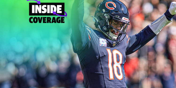 CHICAGO, IL - OCTOBER 06: Chicago Bears quarterback Caleb Williams (18) celebrates after a touchdown is scored in action during a game between the Chicago Bears and the Carolina Panthers on October 06, 2024 at Soldier Field, in Chicago, IL. (Photo by Robin Alam/Icon Sportswire via Getty Images)