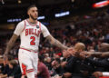 Chicago Bulls guard Lonzo Ball heads to the bench in the first quarter of a preseason game against the Cleveland Cavaliers at the United Center on Oct. 18, 2024, in Chicago. (John J. Kim/Chicago Tribune/Tribune News Service via Getty Images)