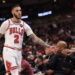 Chicago Bulls guard Lonzo Ball heads to the bench in the first quarter of a preseason game against the Cleveland Cavaliers at the United Center on Oct. 18, 2024, in Chicago. (John J. Kim/Chicago Tribune/Tribune News Service via Getty Images)