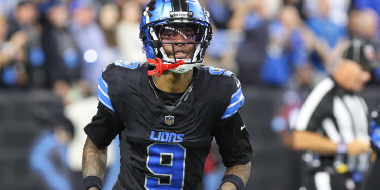 DETROIT, MI - SEPTEMBER 30:  Detroit Lions wide receiver Jameson Williams (9) looks on as he jogs to the sideline after scoring a touchdown on a 70-yard catch-and-run pass play during the third quarter of an NFL Monday Night Football regular season football game between the Seattle Seahawks and the Detroit Lions on September 30, 2024 at Ford Field in Detroit, Michigan. (Photo by Scott W. Grau/Icon Sportswire via Getty Images)