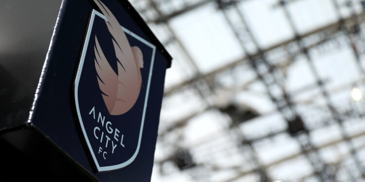 LOS ANGELES, CALIFORNIA - MAY 08: A general view of the Angel City FC logo prior to the match between Angel City FC and the the Orlando Pride at Banc of California Stadium on May 08, 2022 in Los Angeles, California. (Photo by Katelyn Mulcahy/Getty Images)