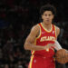 CHICAGO, ILLINOIS - APRIL 01: Jalen Johnson #1 of the Atlanta Hawks dribbles the ball during the first half against the Chicago Bulls at the United Center on April 01, 2024 in Chicago, Illinois. NOTE TO USER: User expressly acknowledges and agrees that, by downloading and or using this photograph, User is consenting to the terms and conditions of the Getty Images License Agreement. (Photo by Patrick McDermott/Getty Images)