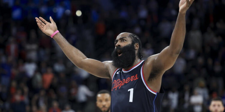 LA Clippers guard James Harden reacts during the second half of an NBA basketball game against the Phoenix Suns, Wednesday, Oct. 23, 2024, in Inglewood, Calif. (AP Photo/Ryan Sun)