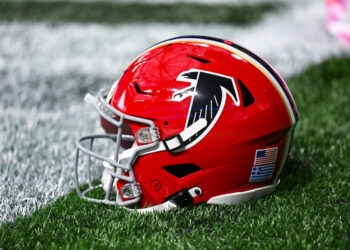 ATLANTA, GA  SEPTEMBER 29:  An Atlanta Falcons helmet during the NFL game between the New Orleans Saints and the Atlanta Falcons on September 29th, 2024 at Mercedes-Benz Stadium in Atlanta, GA.  (Photo by Rich von Biberstein/Icon Sportswire via Getty Images)