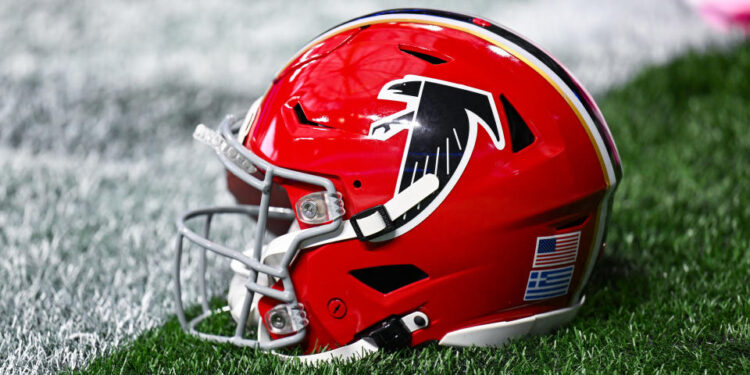 ATLANTA, GA  SEPTEMBER 29:  An Atlanta Falcons helmet during the NFL game between the New Orleans Saints and the Atlanta Falcons on September 29th, 2024 at Mercedes-Benz Stadium in Atlanta, GA.  (Photo by Rich von Biberstein/Icon Sportswire via Getty Images)